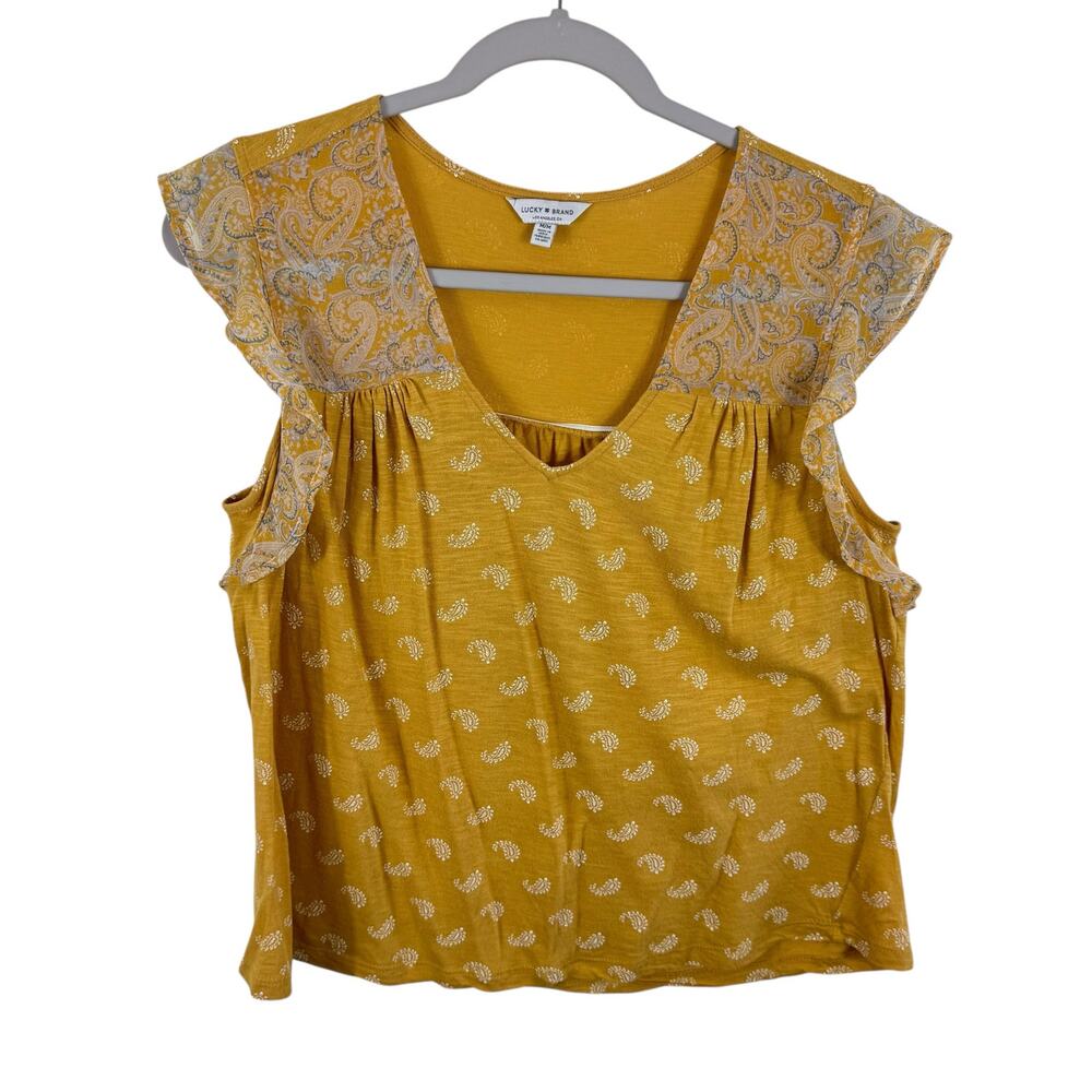 Lucky Brand Mustard Paisley Flutter Sleeve V-Neck Lightweight T-Shirt Size M